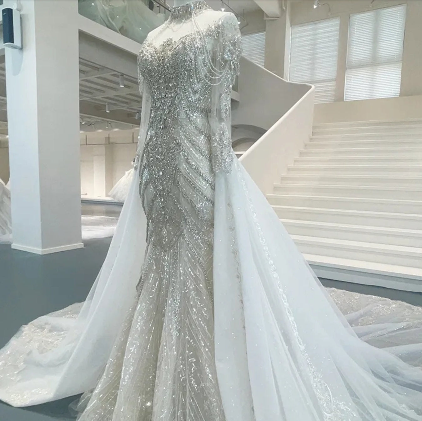 2023 Multi Crystal Beaded Illusion High Neck Sheer Long Sleeve Embroidered Trumpet/Mermaid Gown With 2 In 1 Detachable Train