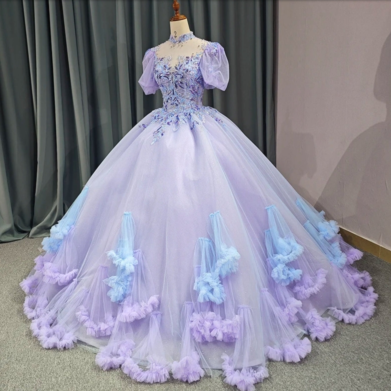 2023/2024 Shimmering Purple Sequin Embroidered Beaded Open Back Quinceañera Special Occasion Gown With Scattered Blue & Purple Frill Detail
