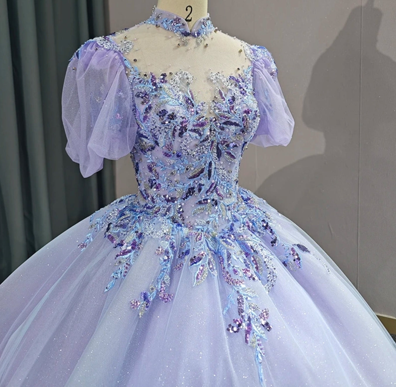 2023/2024 Shimmering Purple Sequin Embroidered Beaded Open Back Quinceañera Special Occasion Gown With Scattered Blue & Purple Frill Detail