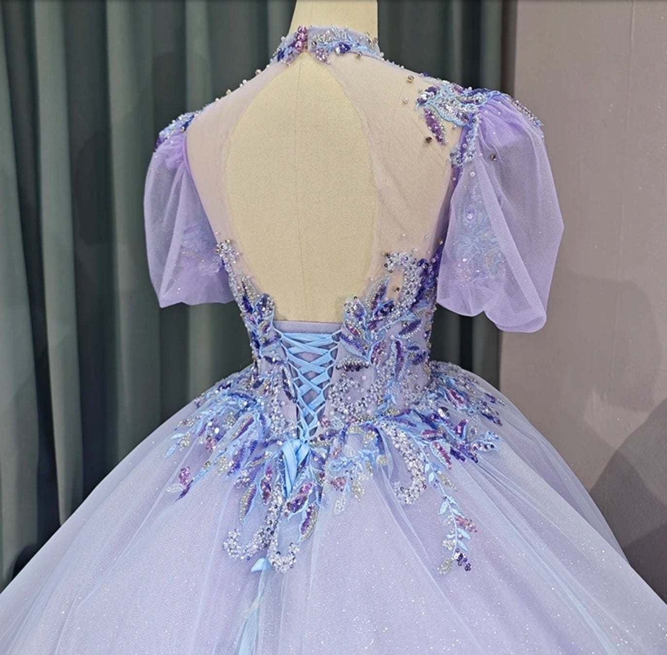2023/2024 Shimmering Purple Sequin Embroidered Beaded Open Back Quinceañera Special Occasion Gown With Scattered Blue & Purple Frill Detail