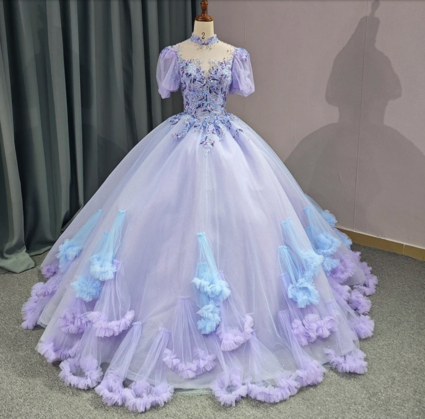 2023/2024 Shimmering Purple Sequin Embroidered Beaded Open Back Quinceañera Special Occasion Gown With Scattered Blue & Purple Frill Detail