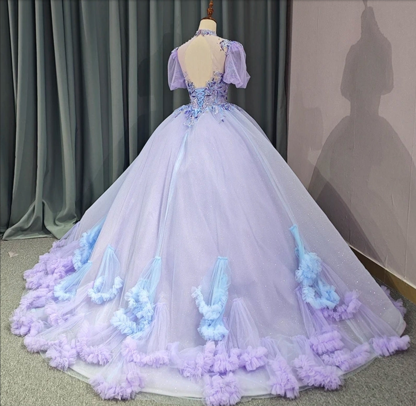 2023/2024 Shimmering Purple Sequin Embroidered Beaded Open Back Quinceañera Special Occasion Gown With Scattered Blue & Purple Frill Detail