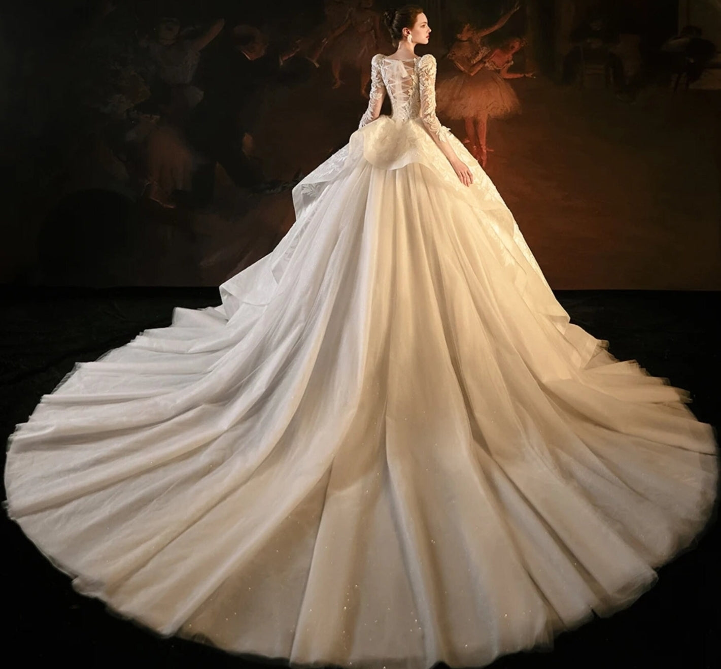 2024 Beautiful Beaded Floral Tiered Shimmering Long Sleeve Lace Up Back