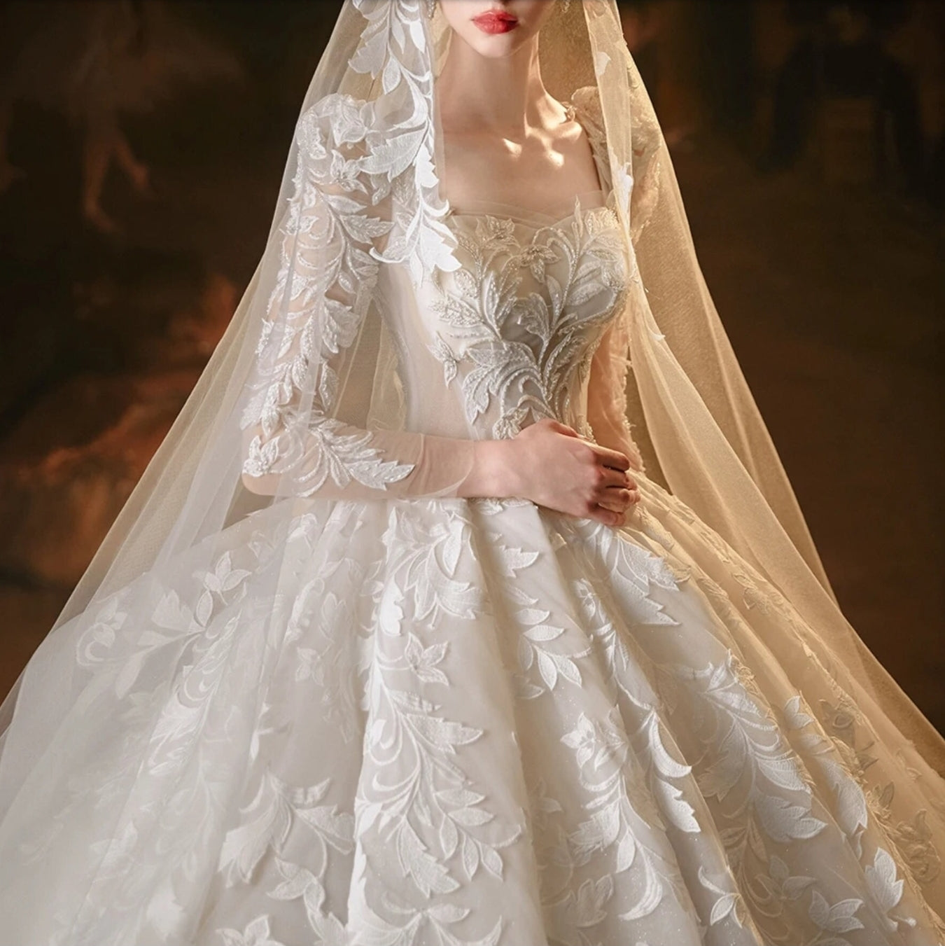 2024 Beautiful Beaded Floral Tiered Shimmering Long Sleeve Lace Up Back