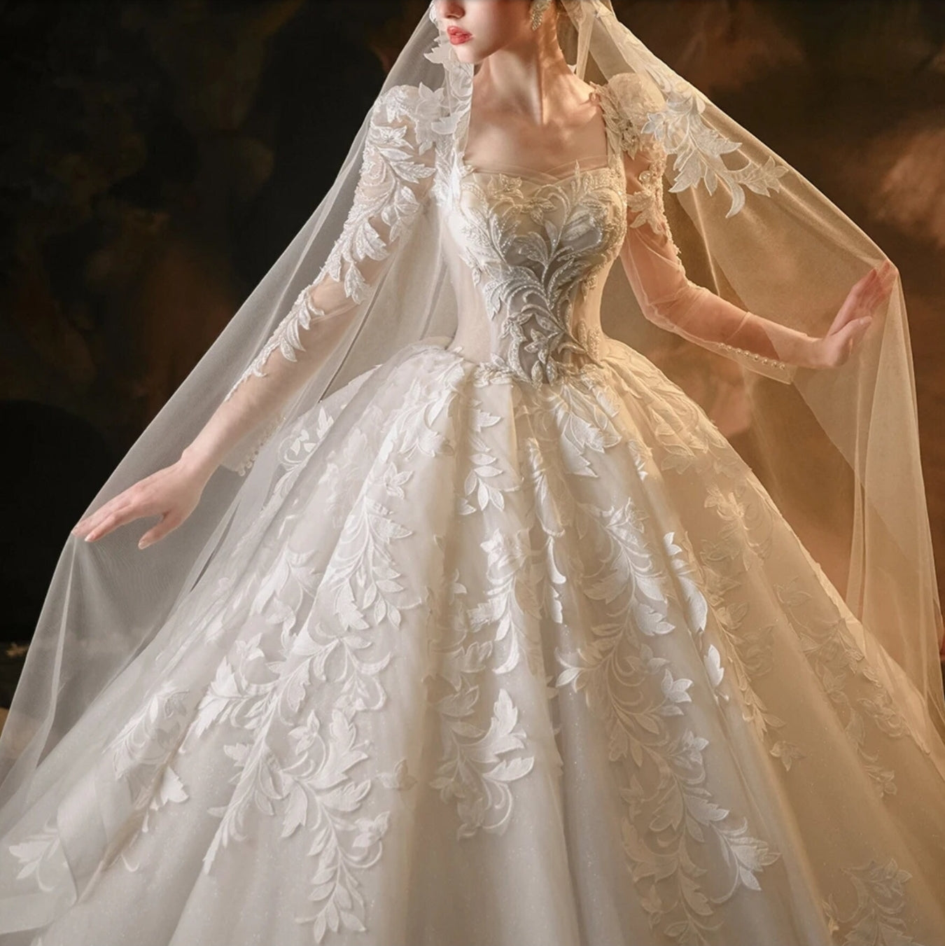 2024 Beautiful Beaded Floral Tiered Shimmering Long Sleeve Lace Up Back