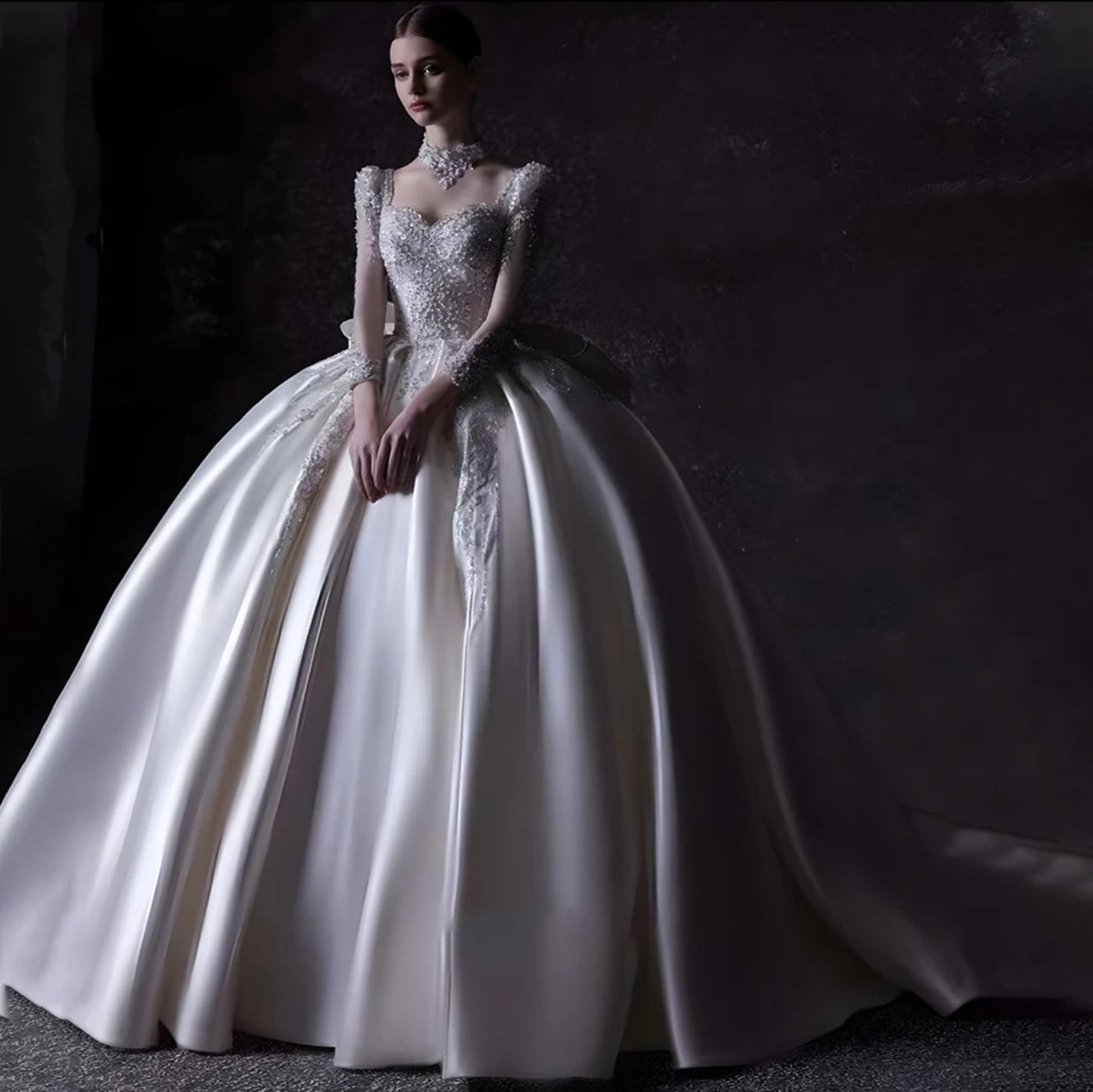 2024 Modern Victorian Sweetheart Satin And Sequin Appliqué Long Sleeve Gown Adorned With Oversized Satin Back Bow Knot 8 2024 Modern Victorian Sweetheart Satin And Sequin Appliqué Long Sleeve Gown Adorned With Oversized Satin Back Bow Knot 8