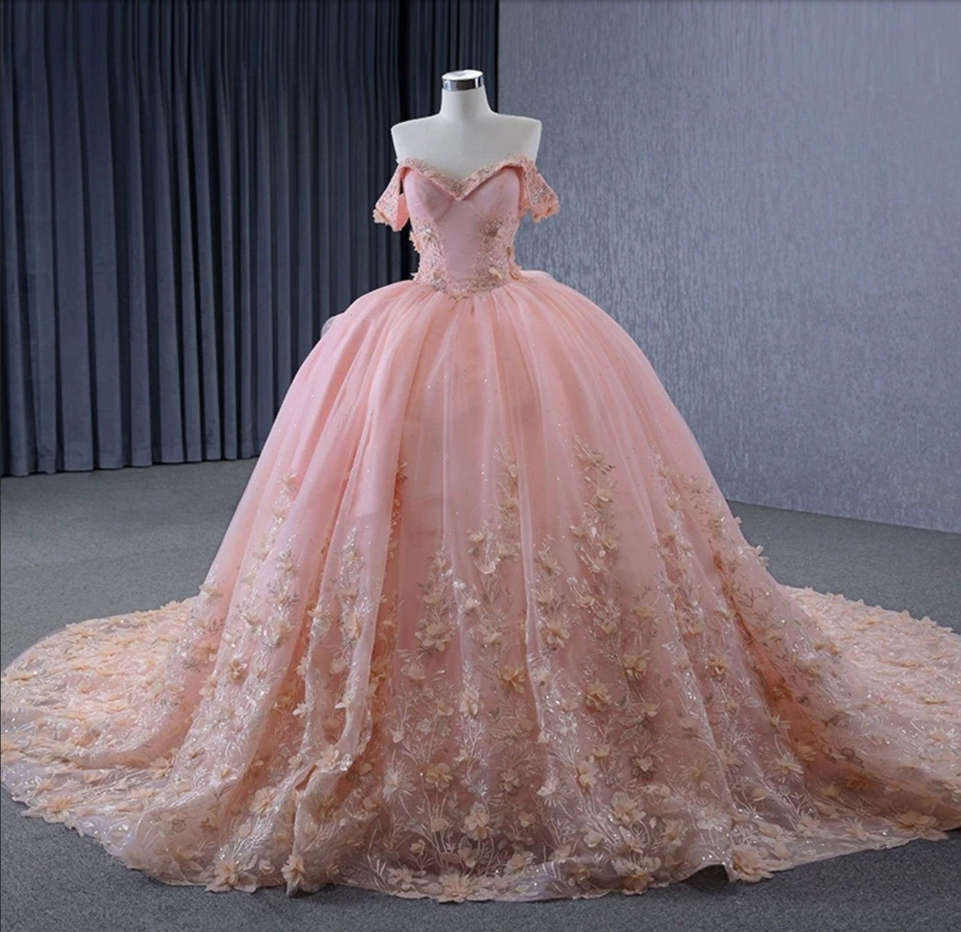 2024 Multi Beaded Folded V Neck Off The Shoulder Shimmering A-Line Gown With Floral Garden Hem Quinceañera, Sweet 16, Special Occasion Gown