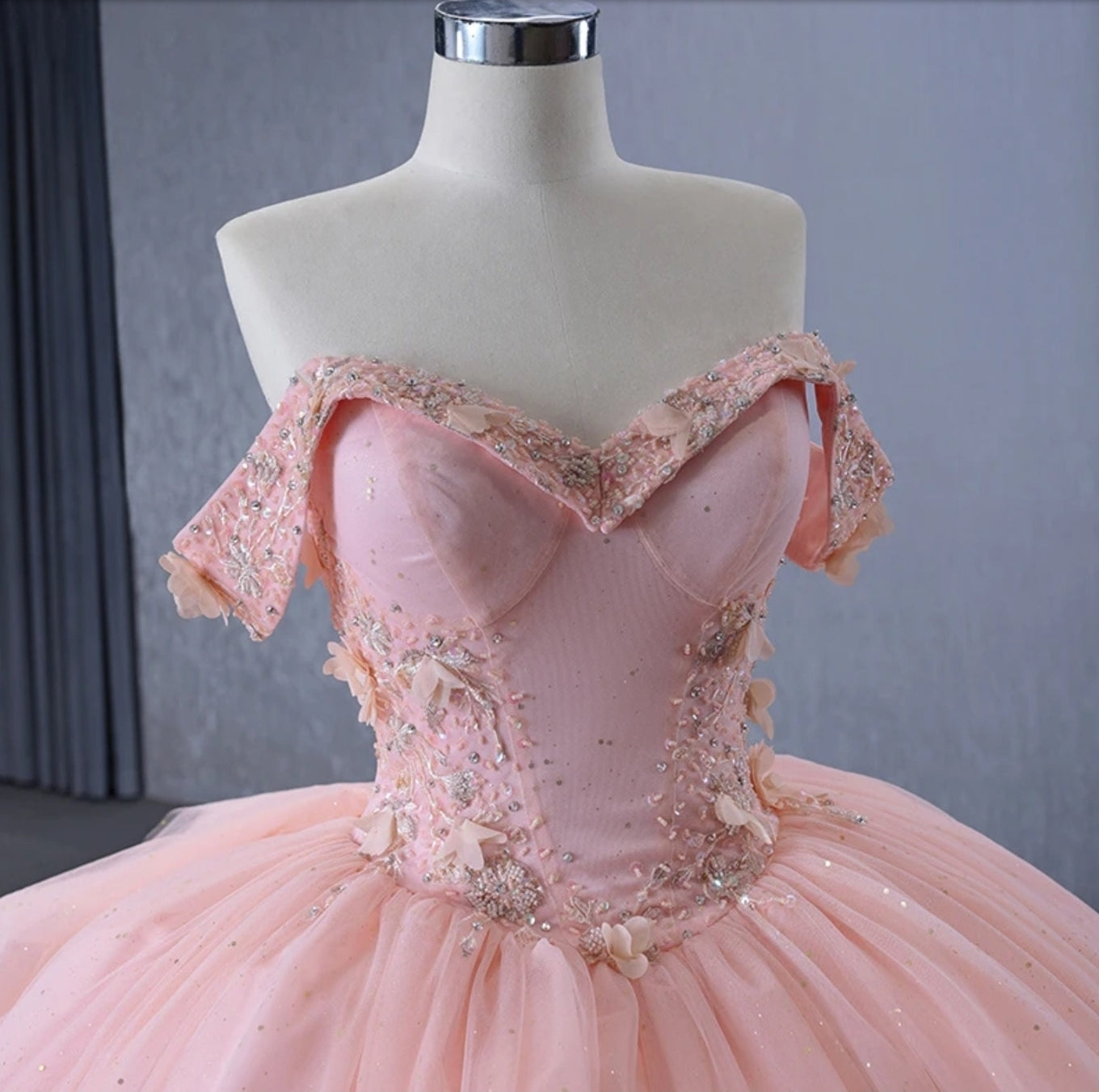 2024 Multi Beaded Folded V Neck Off The Shoulder Shimmering A-Line Gown With Floral Garden Hem Quinceañera, Sweet 16, Special Occasion Gown