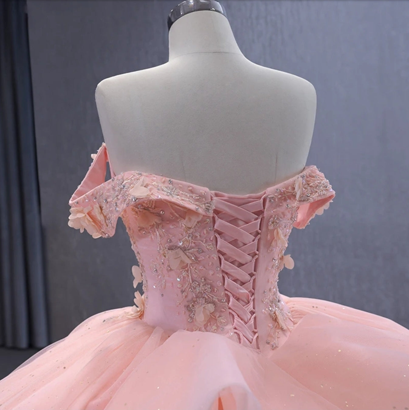 2024 Multi Beaded Folded V Neck Off The Shoulder Shimmering A-Line Gown With Floral Garden Hem Quinceañera, Sweet 16, Special Occasion Gown