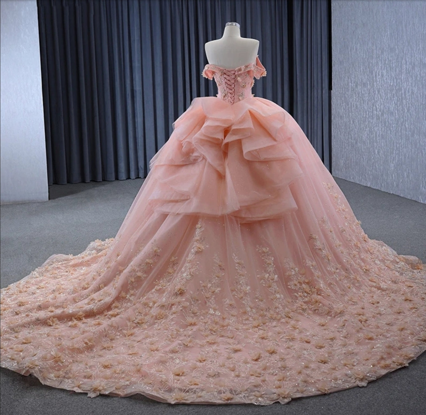 2024 Multi Beaded Folded V Neck Off The Shoulder Shimmering A-Line Gown With Floral Garden Hem Quinceañera, Sweet 16, Special Occasion Gown