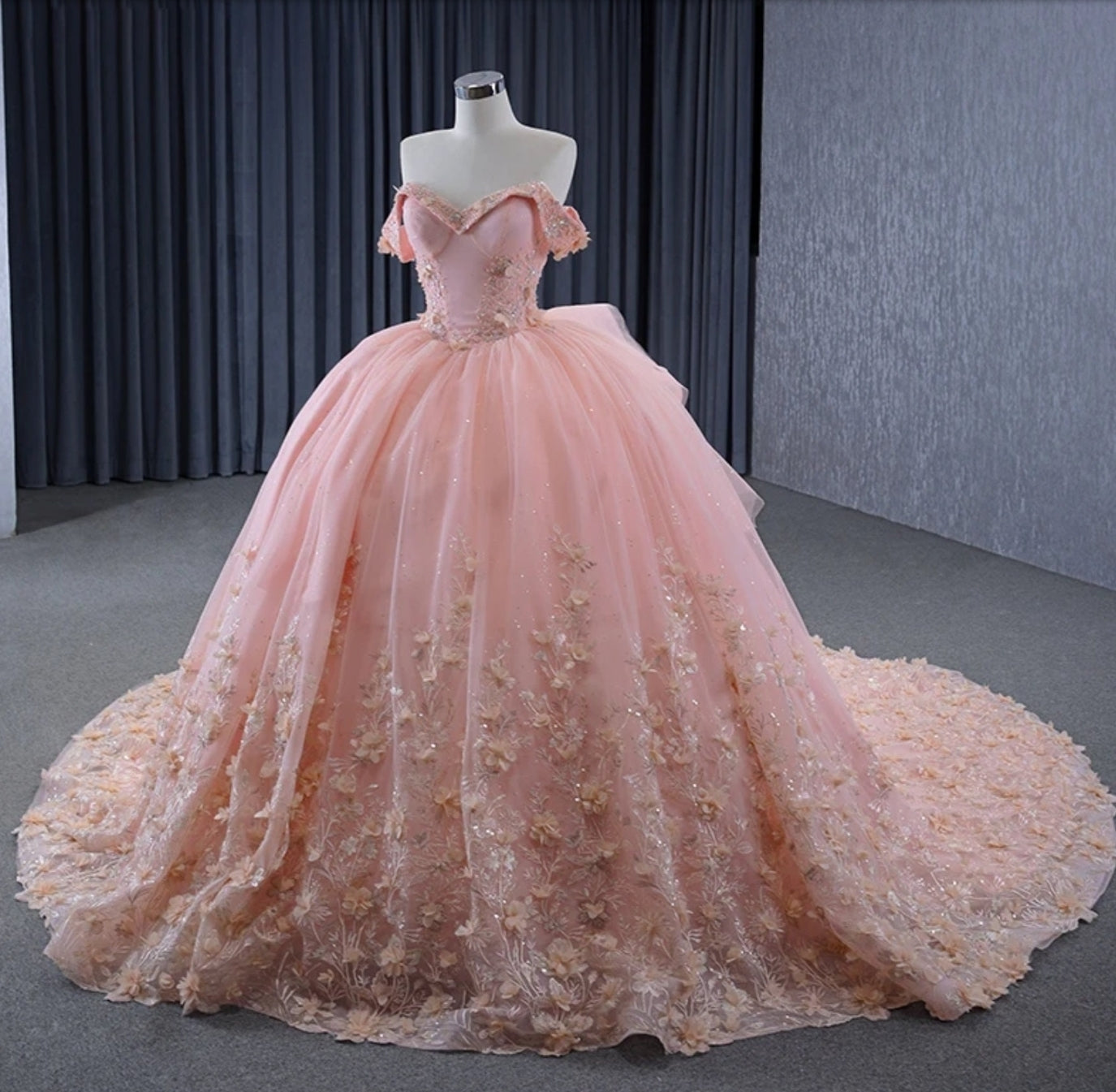 2024 Multi Beaded Folded V Neck Off The Shoulder Shimmering A-Line Gown With Floral Garden Hem Quinceañera, Sweet 16, Special Occasion Gown