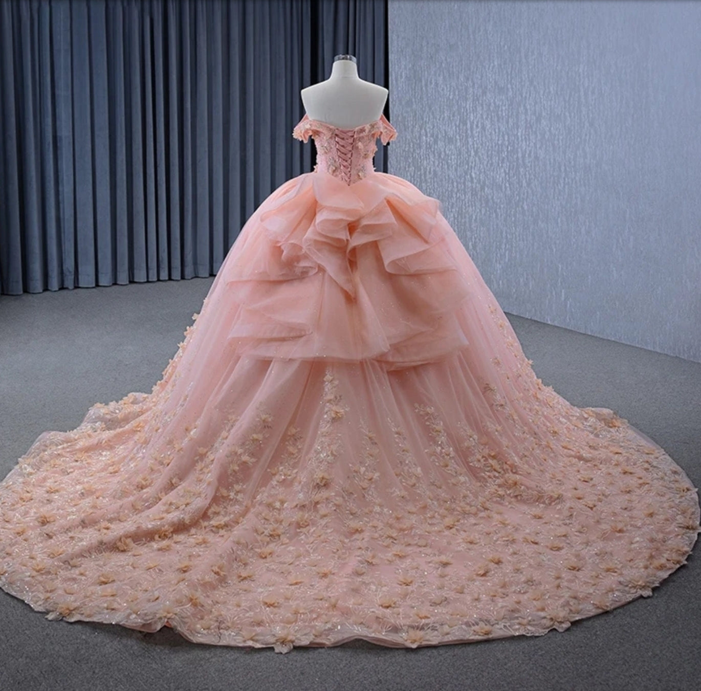 2024 Multi Beaded Folded V Neck Off The Shoulder Shimmering A-Line Gown With Floral Garden Hem Quinceañera, Sweet 16, Special Occasion Gown