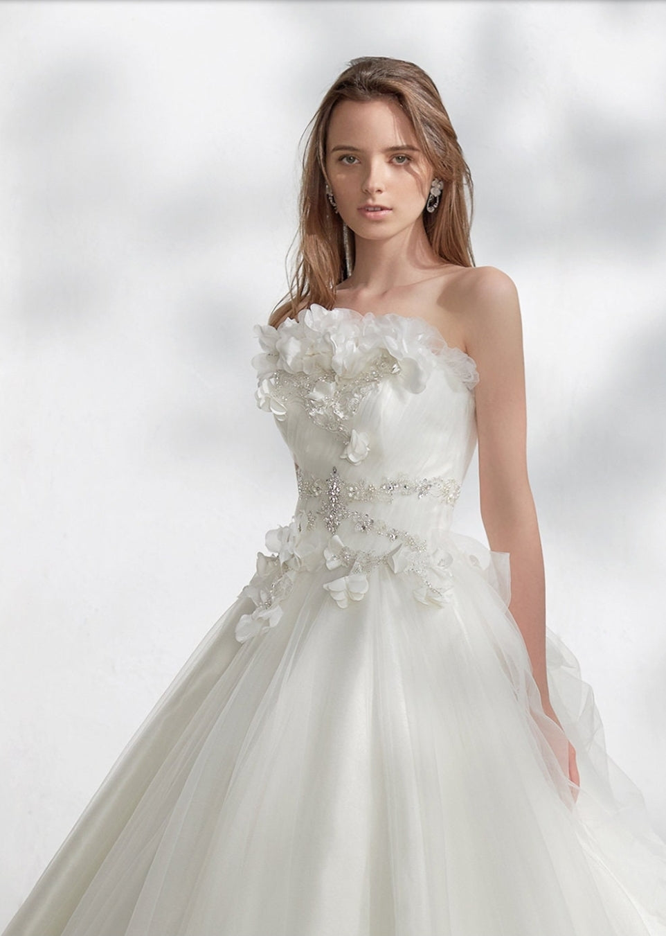 3D Floral Crystal Beaded Boat Neck Pleated Classic A-Line Bridal Gown