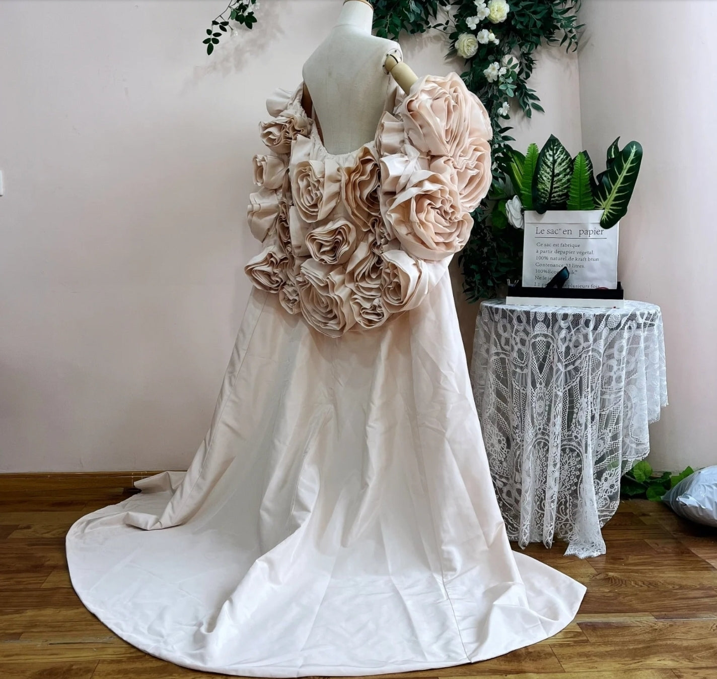 3D Oversized Floral Bouquet Bridal, Special Occasion Cape With Detachable Train
