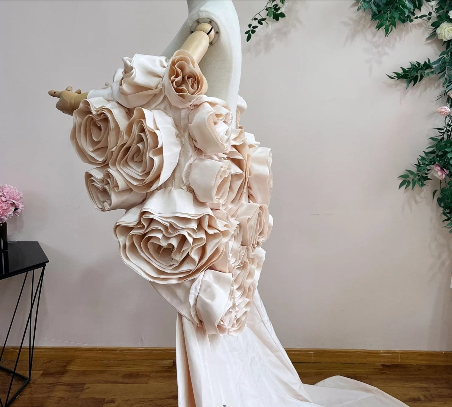3D Oversized Floral Bouquet Bridal, Special Occasion Cape With Detachable Train