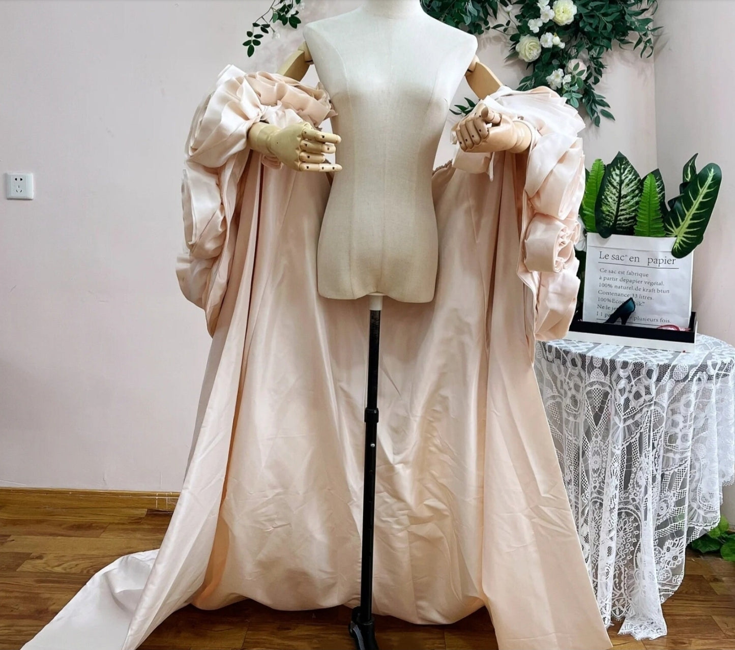 3D Oversized Floral Bouquet Bridal, Special Occasion Cape With Detachable Train