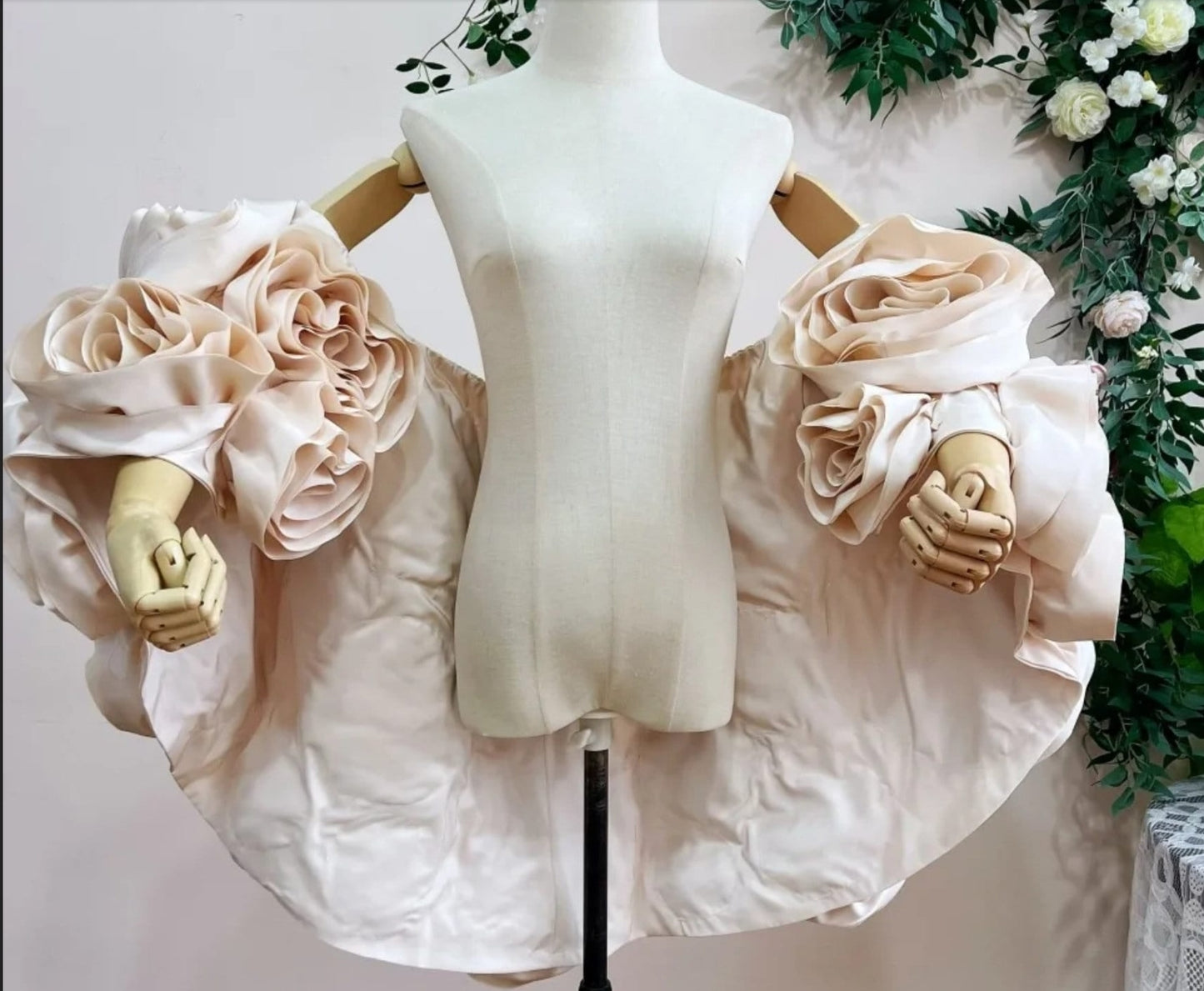 3D Oversized Floral Bouquet Bridal, Special Occasion Cape With Detachable Train