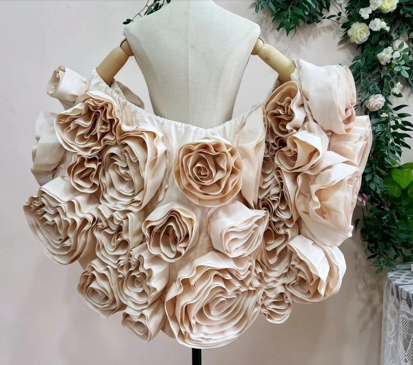 3D Oversized Floral Bouquet Bridal, Special Occasion Cape With Detachable Train