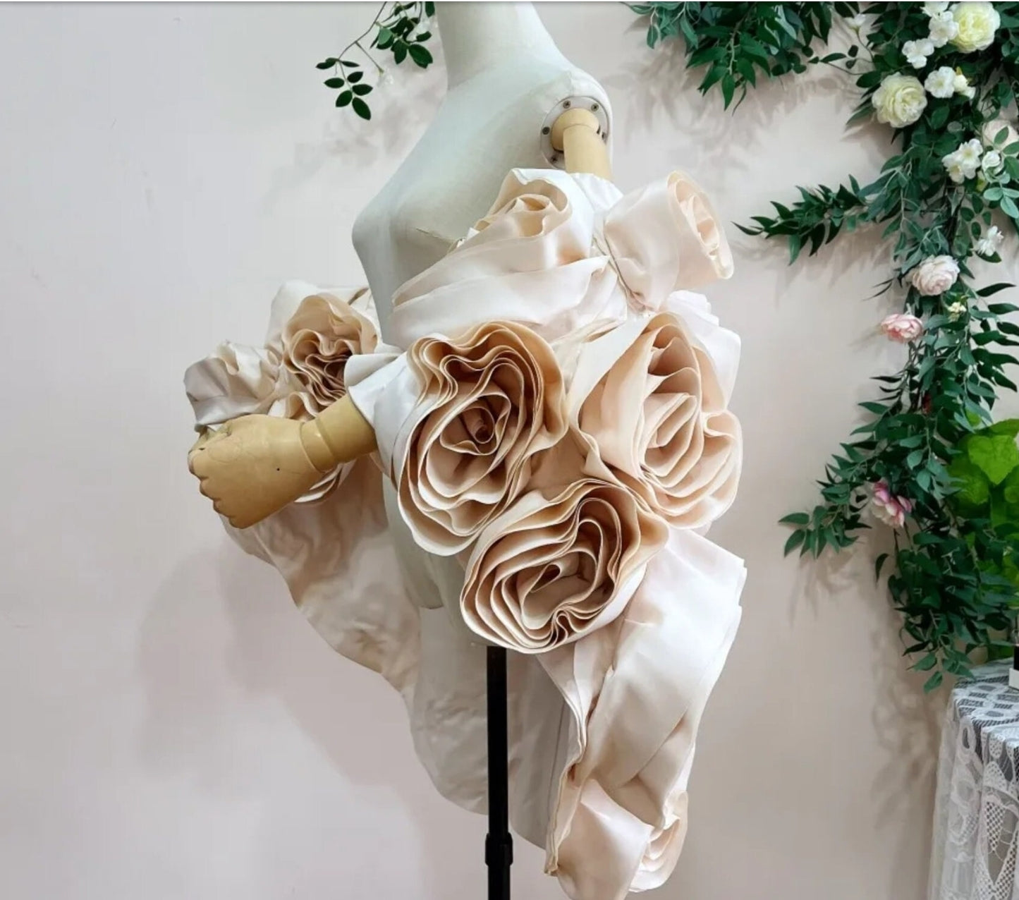 3D Oversized Floral Bouquet Bridal, Special Occasion Cape With Detachable Train