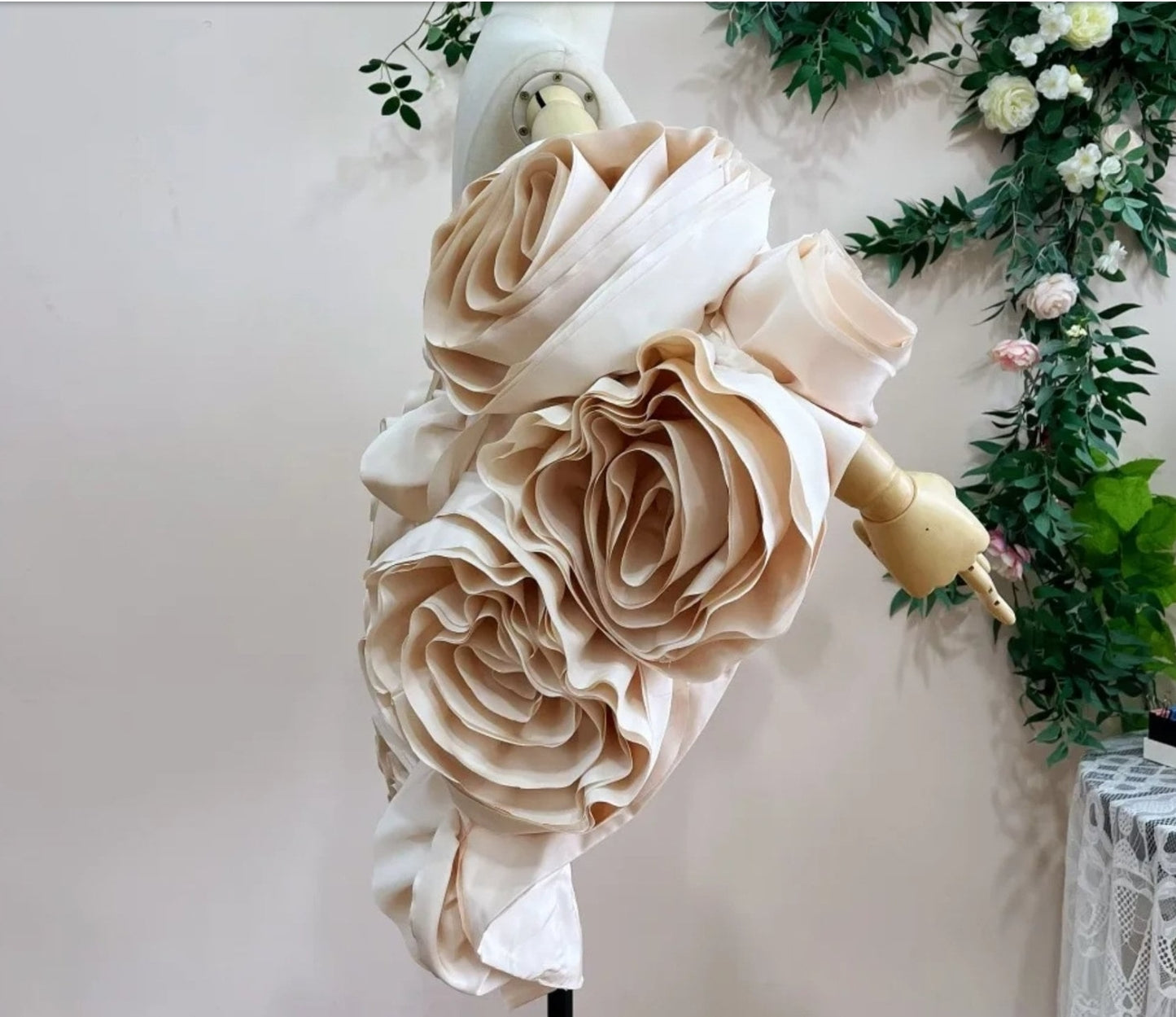 3D Oversized Floral Bouquet Bridal, Special Occasion Cape With Detachable Train
