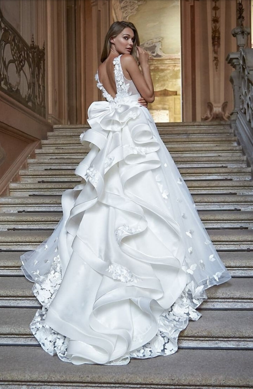 A Floral Satin Tiered Ruffle Beauty Gown
