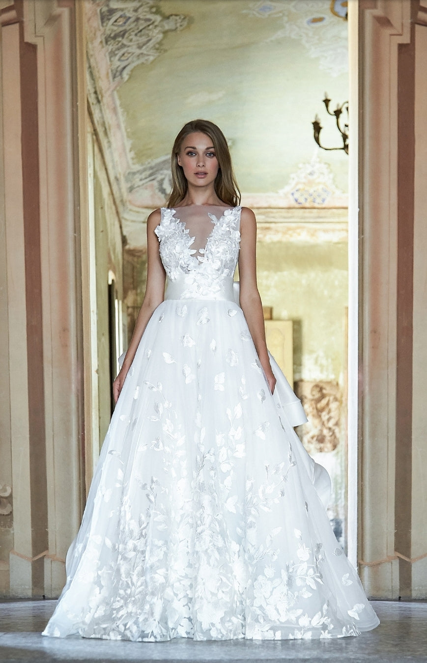 A Floral Satin Tiered Ruffle Beauty Gown