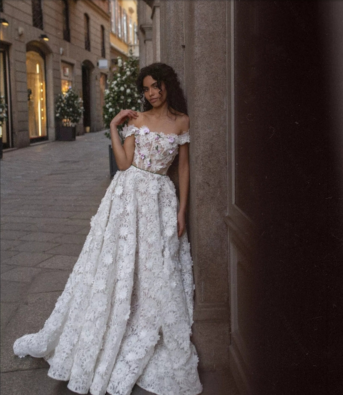 A Pop Of Color 3D Appliqués Floral Boho Lace Gown