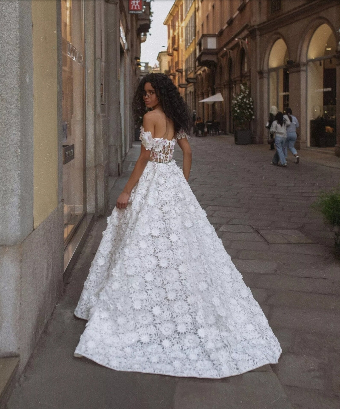 A Pop Of Color 3D Appliqués Floral Boho Lace Gown