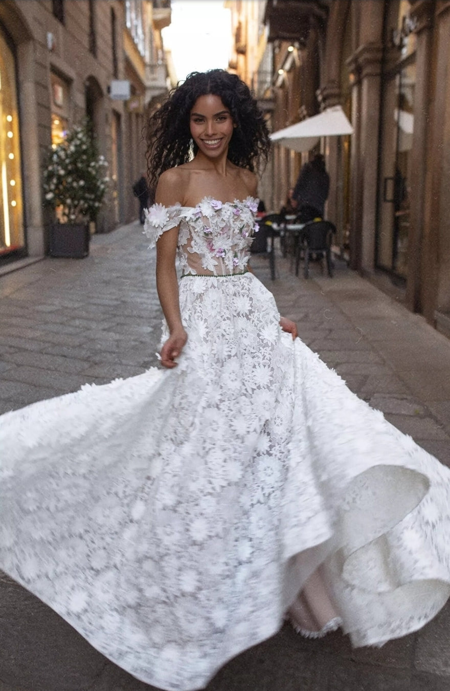 A Pop Of Color 3D Appliqués Floral Boho Lace Gown