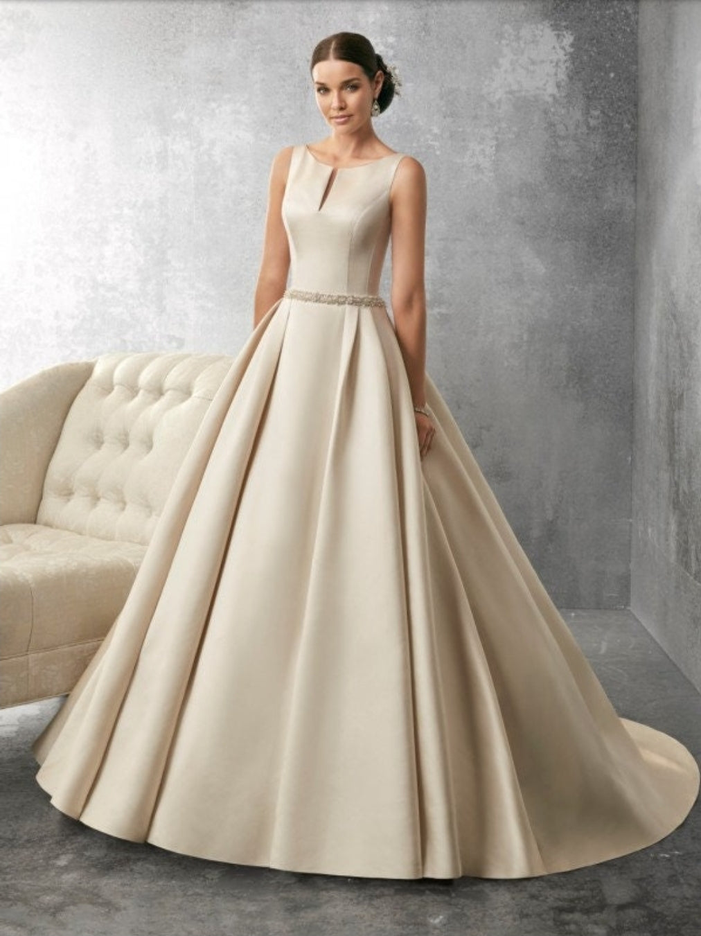A Simple Minimalist Sleeveless Scoop V Neck Beaded Natural Waistline Gown