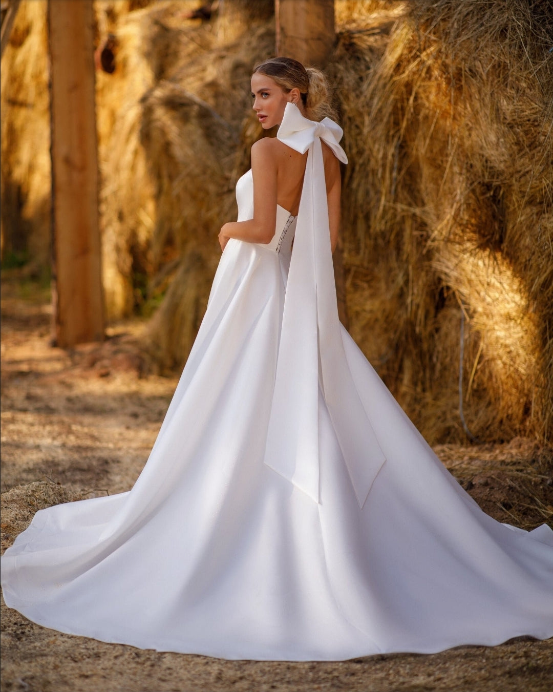 A-Line Pearl Beaded Halter Bow Knot Neck Gown