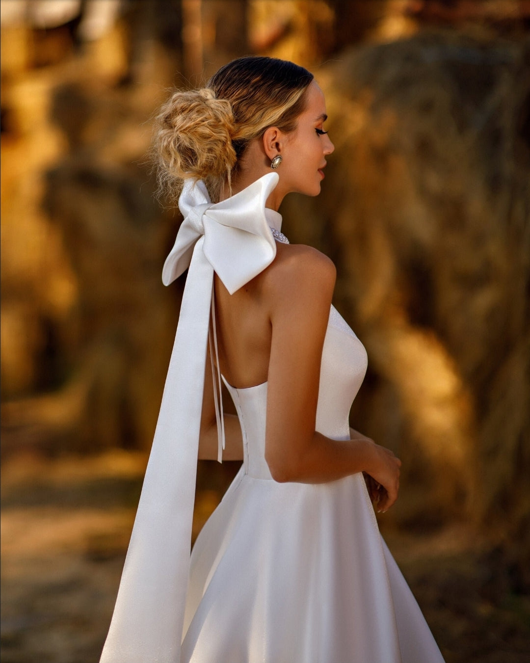 A-Line Pearl Beaded Halter Bow Knot Neck Gown