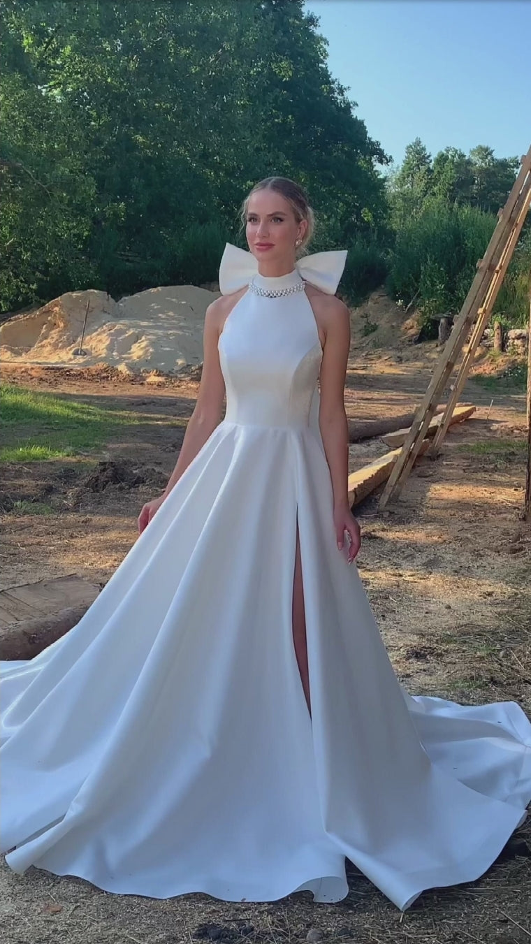 A-Line Pearl Beaded Halter Bow Knot Neck Gown