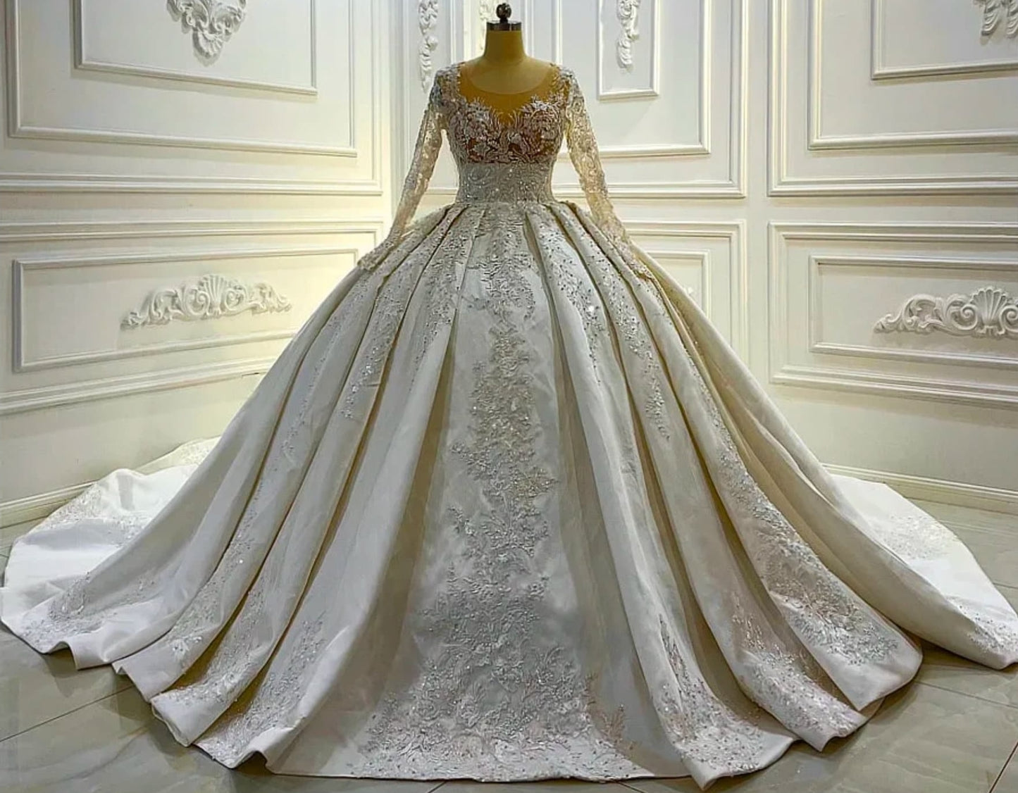 Absolutely Gorgeous Victorian Satin Beaded Lace Appliqué Long Sleeve Wedding Ball Gown