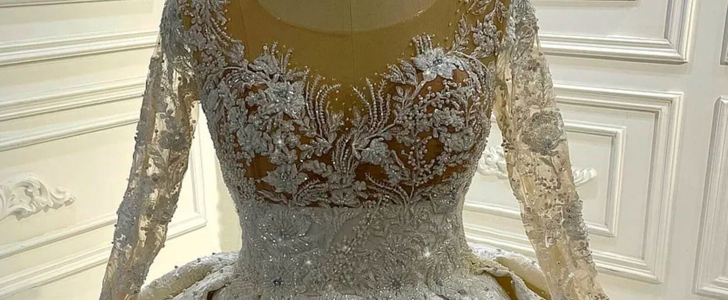 Absolutely Gorgeous Victorian Satin Beaded Lace Appliqué Long Sleeve Wedding Ball Gown