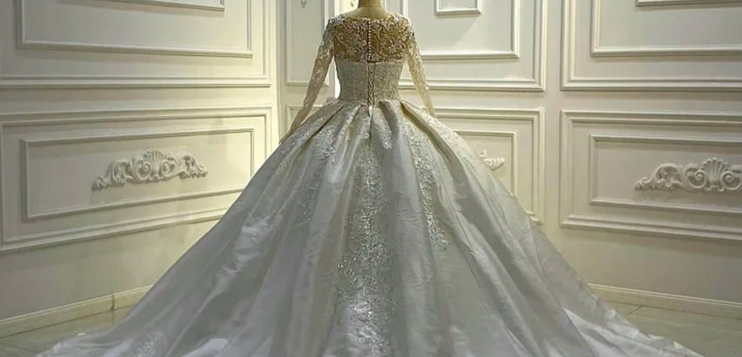 Absolutely Gorgeous Victorian Satin Beaded Lace Appliqué Long Sleeve Wedding Ball Gown