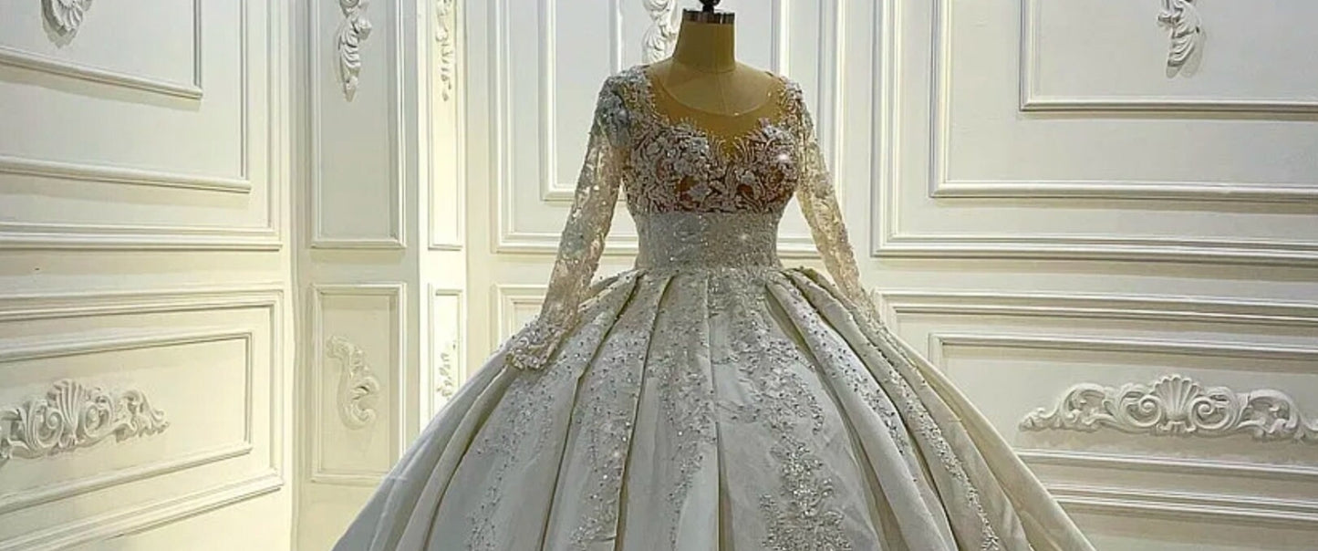 Absolutely Gorgeous Victorian Satin Beaded Lace Appliqué Long Sleeve Wedding Ball Gown