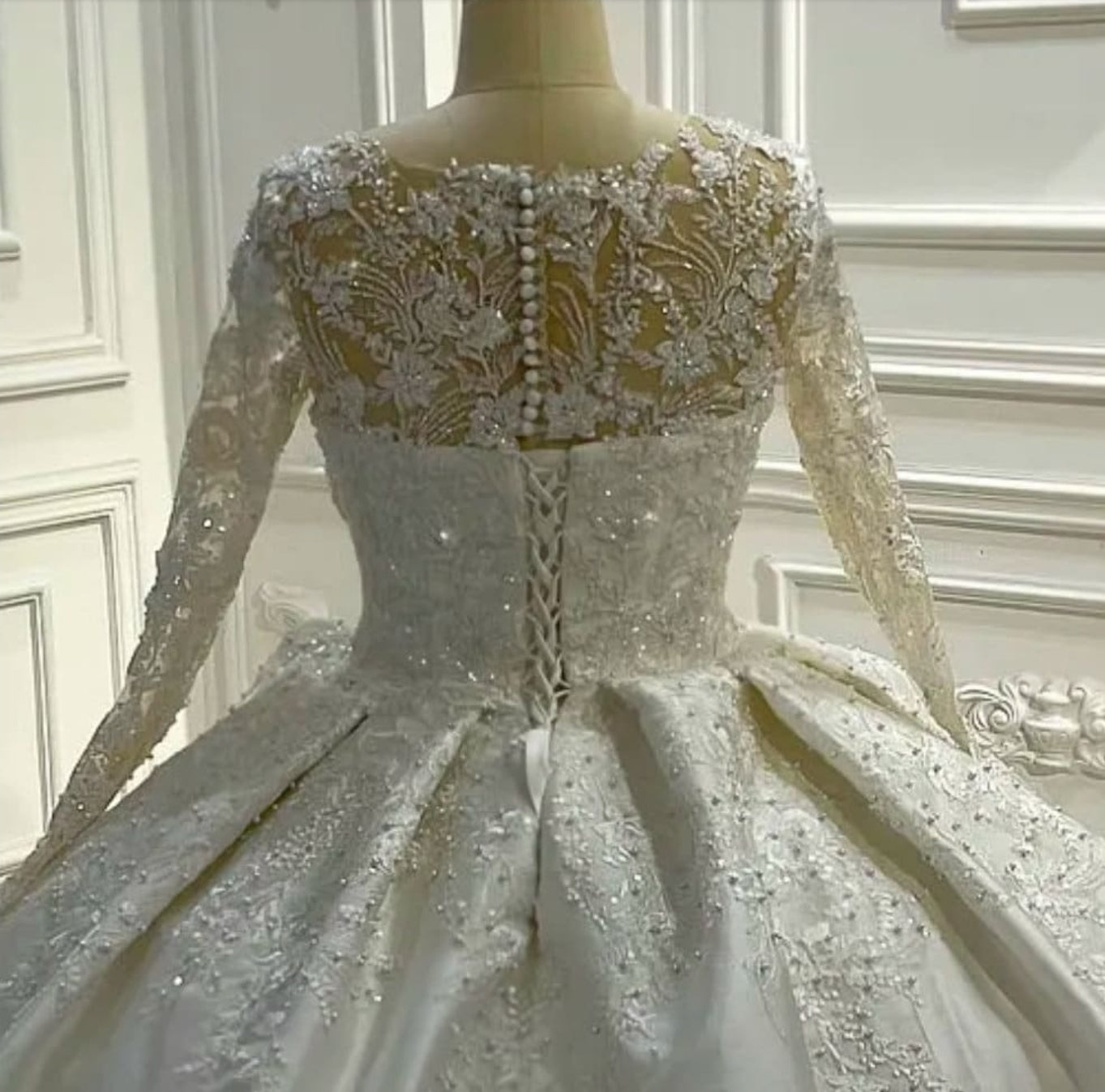 Absolutely Gorgeous Victorian Satin Beaded Lace Appliqué Long Sleeve Wedding Ball Gown