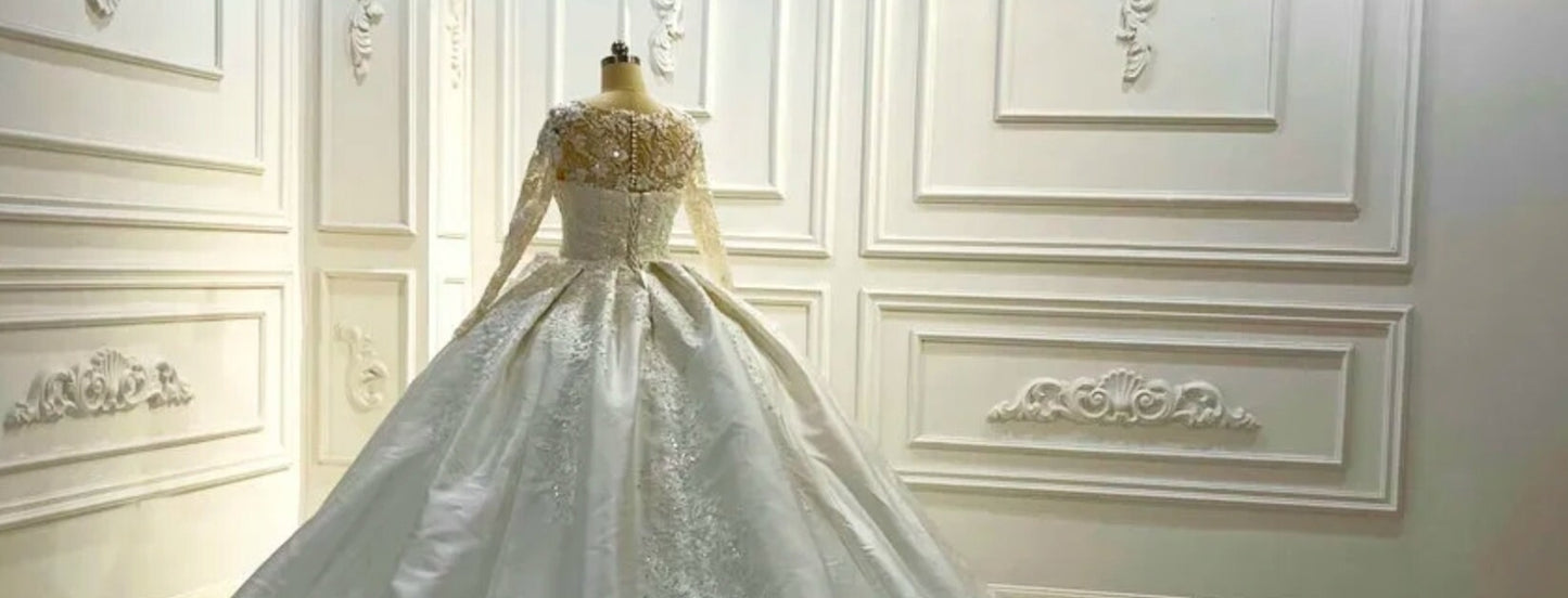 Absolutely Gorgeous Victorian Satin Beaded Lace Appliqué Long Sleeve Wedding Ball Gown