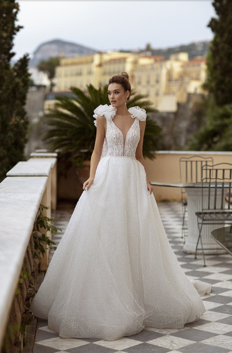 All Over Fully Pearl Beaded Deep V Ruffled Strap Exquisite Gown