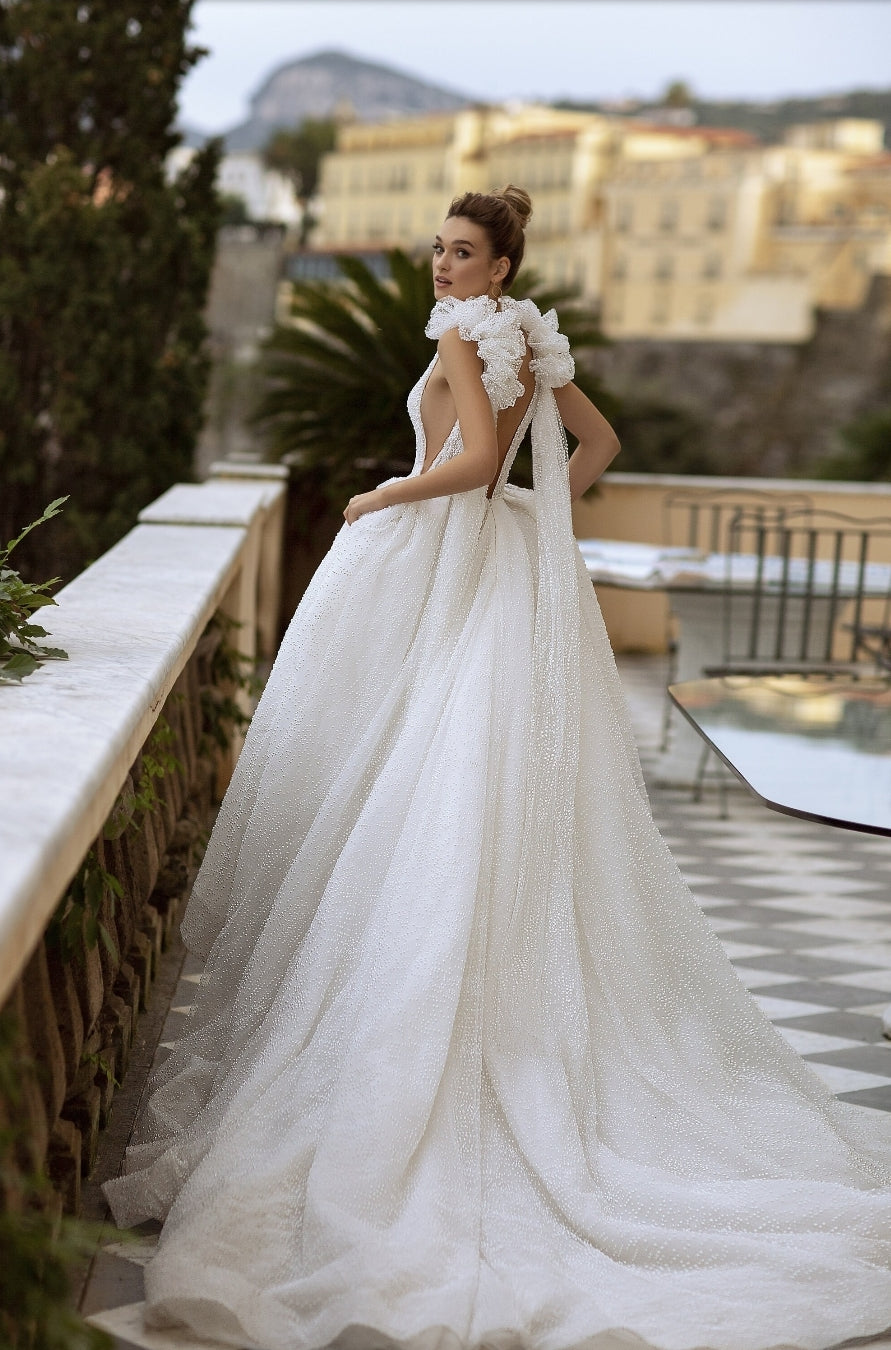 All Over Fully Pearl Beaded Deep V Ruffled Strap Exquisite Gown