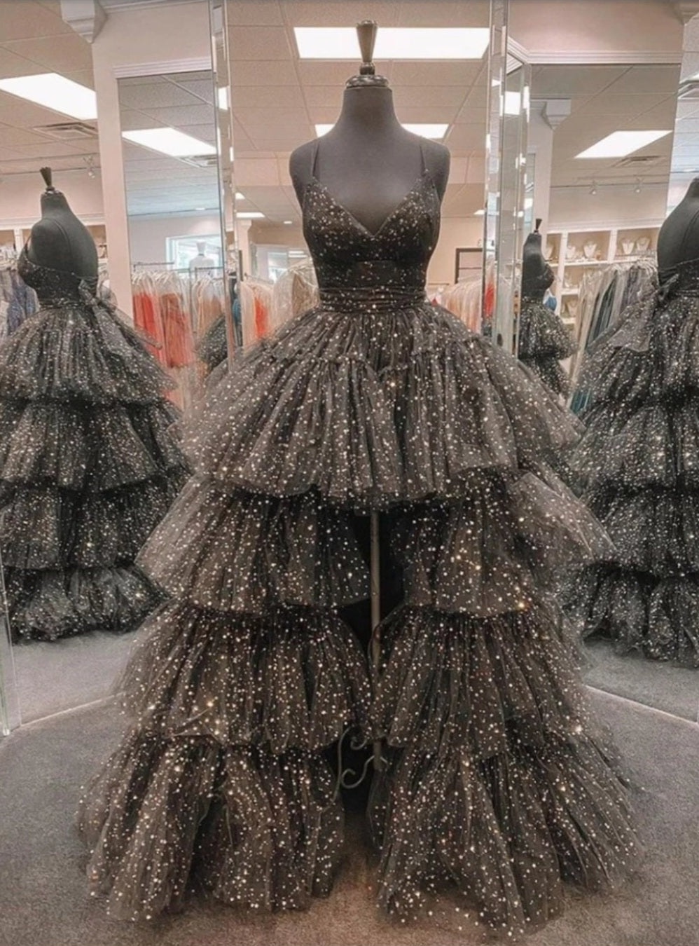 Asymmetrical Layered Sequins & Tulle Gown