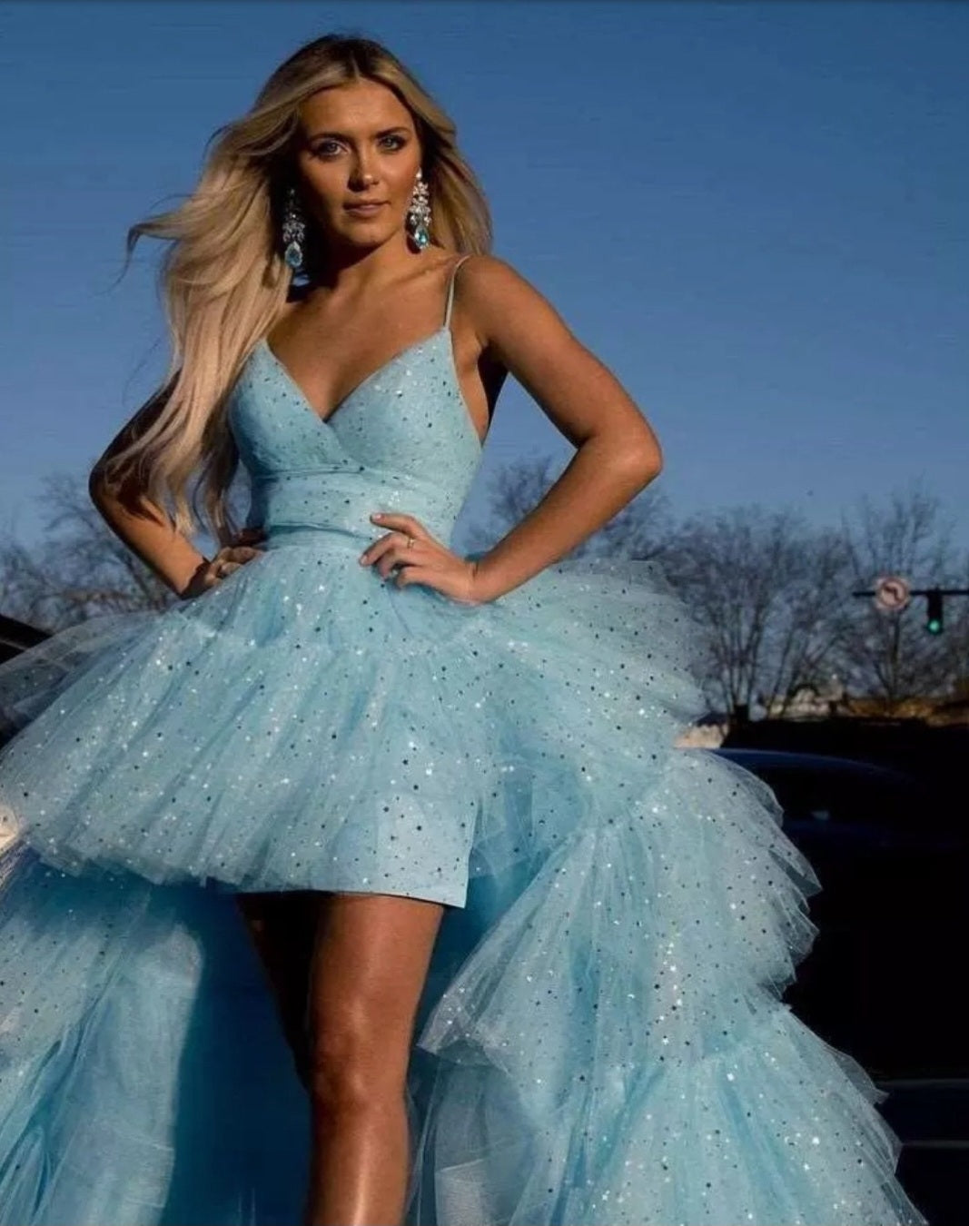 Asymmetrical Layered Sequins & Tulle Gown