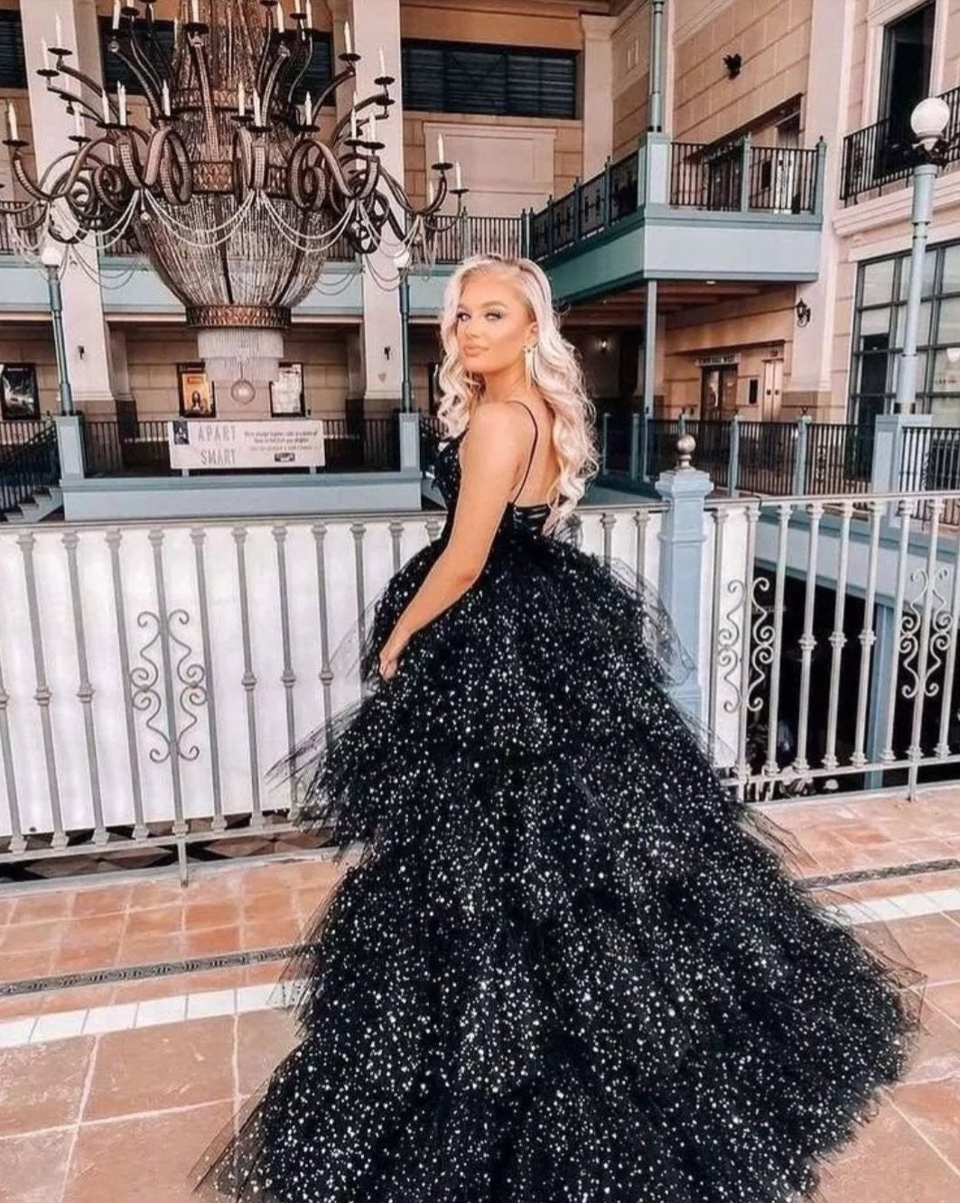 Asymmetrical Layered Sequins & Tulle Gown