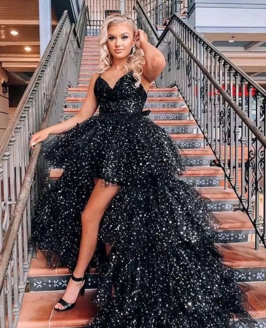 Asymmetrical Layered Sequins & Tulle Gown