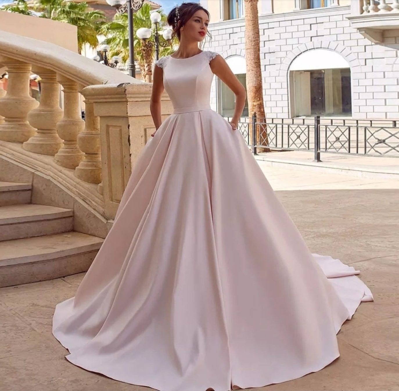Beaded Appliqués Cap Sleeve A Line Satin Gown With Pockets