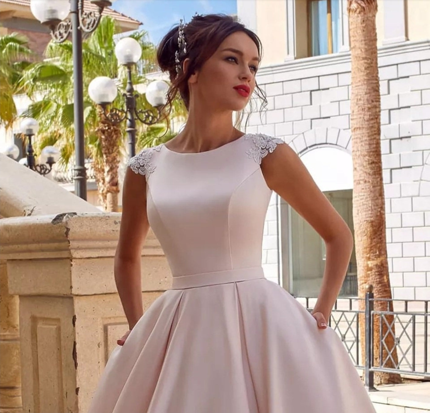 Beaded Appliqués Cap Sleeve A Line Satin Gown With Pockets