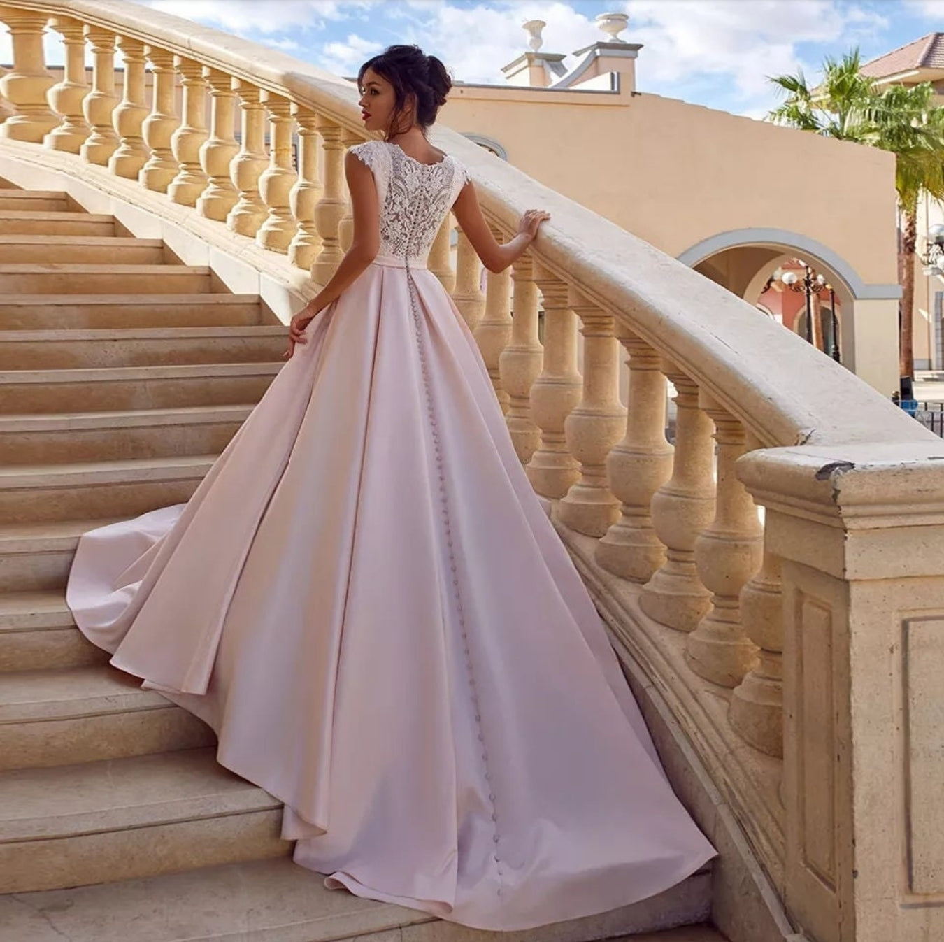 Beaded Appliqués Cap Sleeve A Line Satin Gown With Pockets