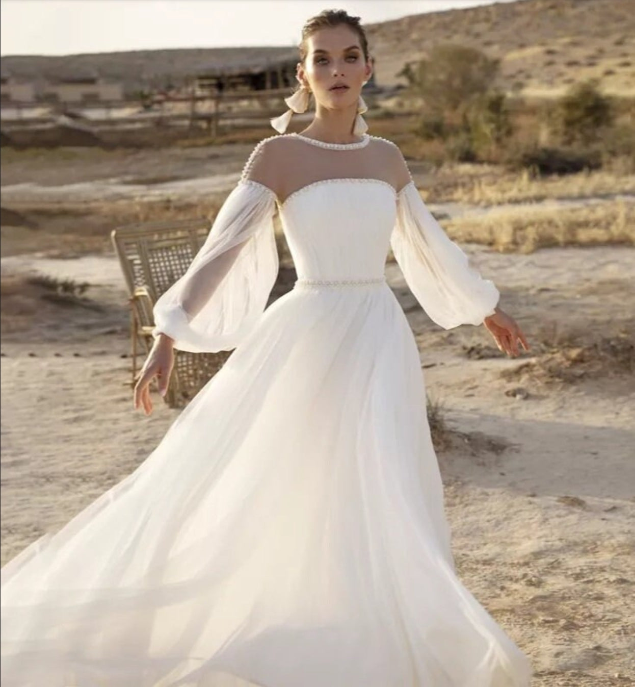 beaded boho dress Boho Chic Pearl Beading V-neck Tulle Wedding Dresses With Appliques Custom Size / As Picture