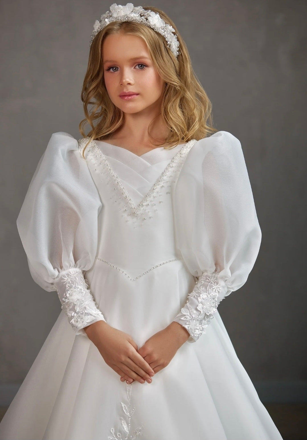 Beautiful And Elegance A-Line Long Sleeve Floral Lace Pearl Beaded Detail Flower/Communion Gown